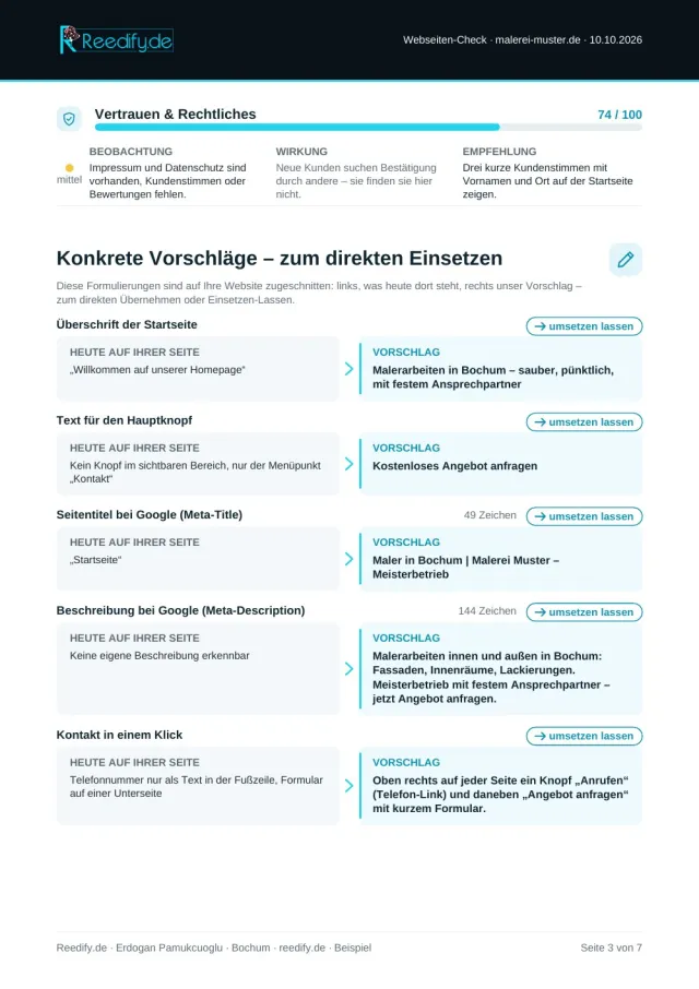 Beispiel-Webseiten-Check Seite 3 von 7: Vertrauen und Rechtliches sowie konkrete Vorschläge zum direkten Einsetzen – heute auf der Website und unser Vorschlag