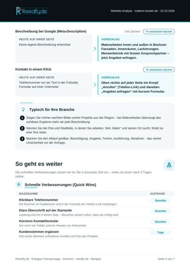Beispiel-Analyse Seite 4 von 7: Weitere Vorschläge, Tipps für die Branche und schnelle Verbesserungen mit Aufwand