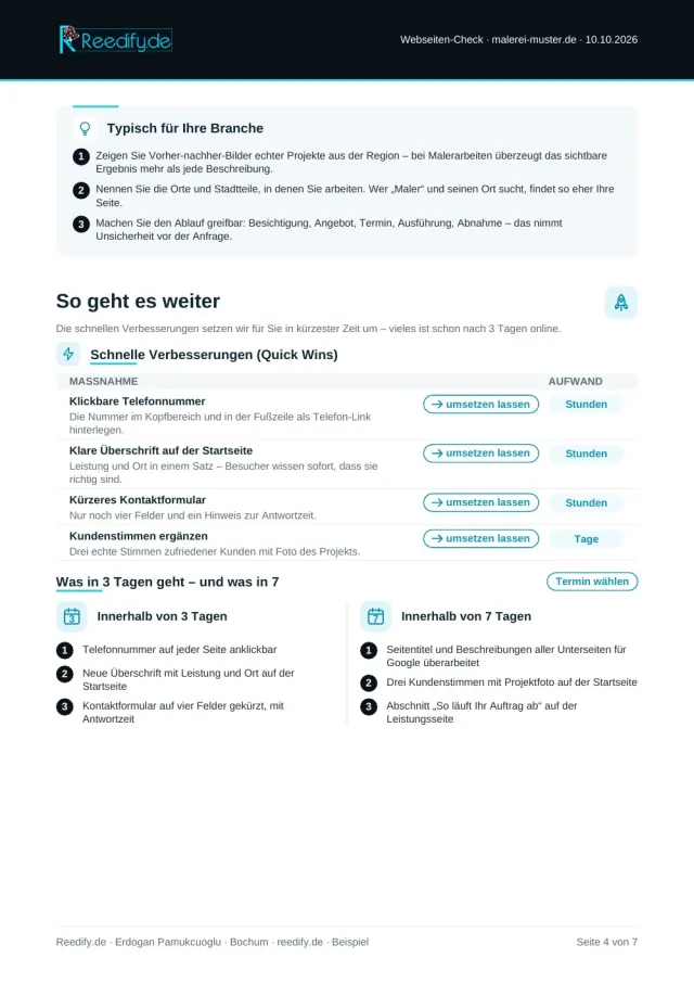 Beispiel-Webseiten-Check Seite 4 von 7: Tipps für die Branche, schnelle Verbesserungen mit Aufwand und der Plan für 3 und 7 Tage