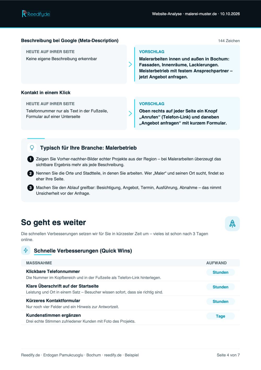 Beispiel-Analyse Seite 4 von 7: Weitere Vorschläge, Tipps für die Branche und schnelle Verbesserungen mit Aufwand