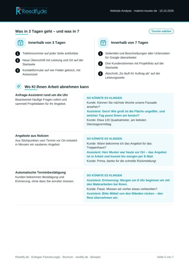 Beispiel-Analyse Seite 5 von 7: 3-Tage- und 7-Tage-Plan und Ideen zur Automatisierung