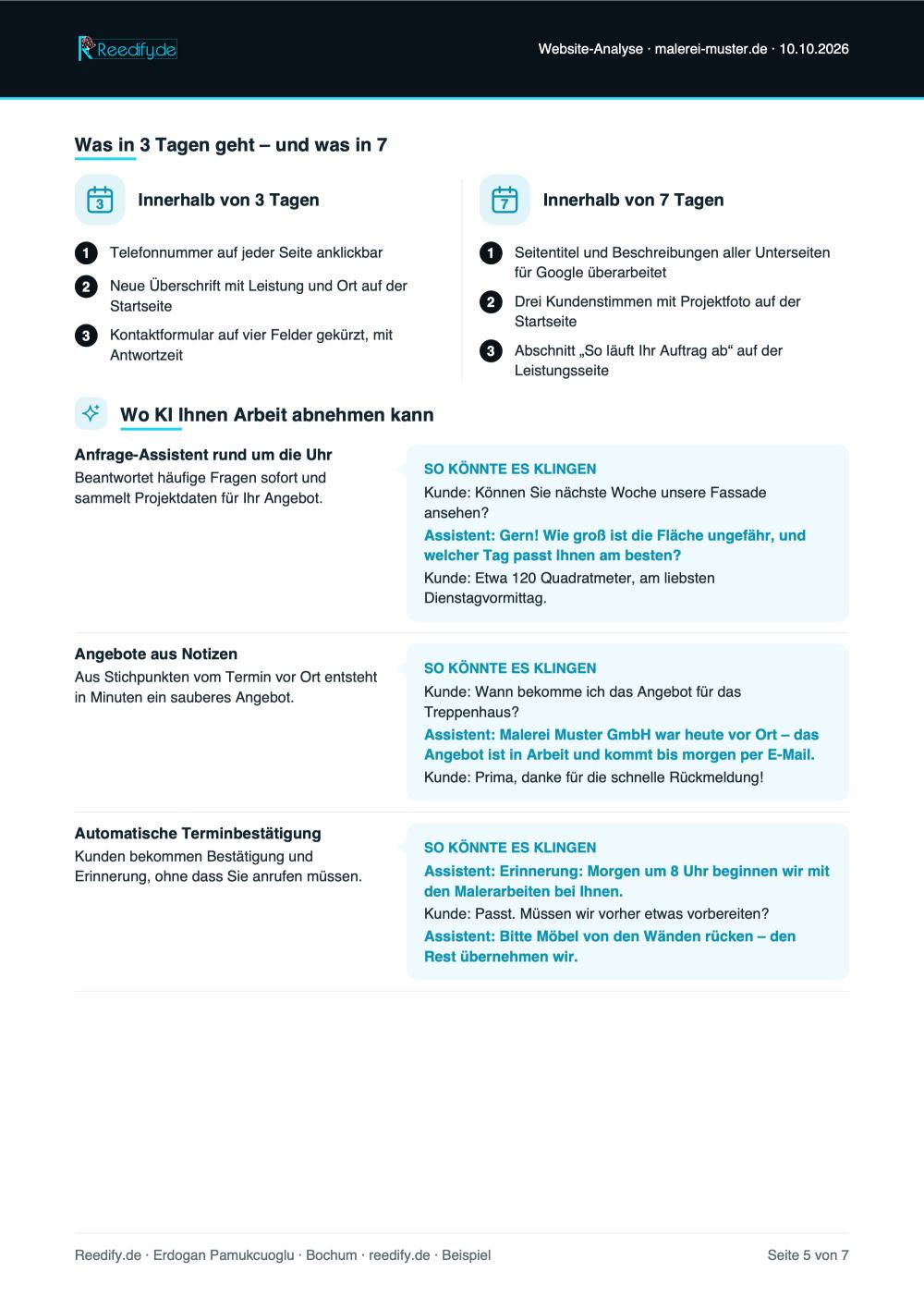 Beispiel-Analyse Seite 5 von 7: 3-Tage- und 7-Tage-Plan und Ideen zur Automatisierung