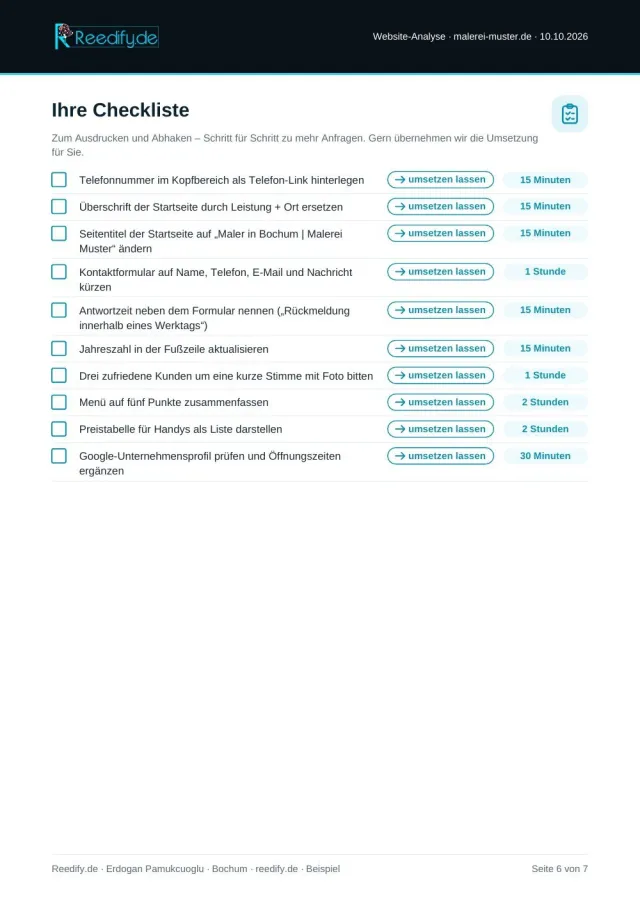 Beispiel-Analyse Seite 6 von 7: Checkliste zum Abhaken mit dem Zeitaufwand je Punkt