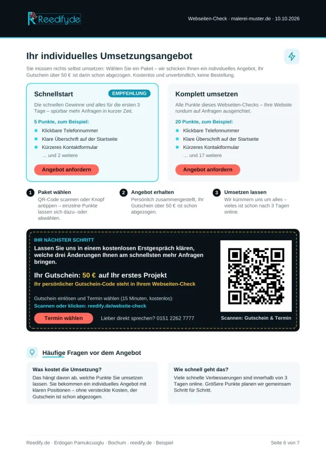 Beispiel-Webseiten-Check Seite 6 von 7: Individuelles Umsetzungsangebot mit zwei Paketen, nächster Schritt und Gutschein über 50 € mit Terminwahl