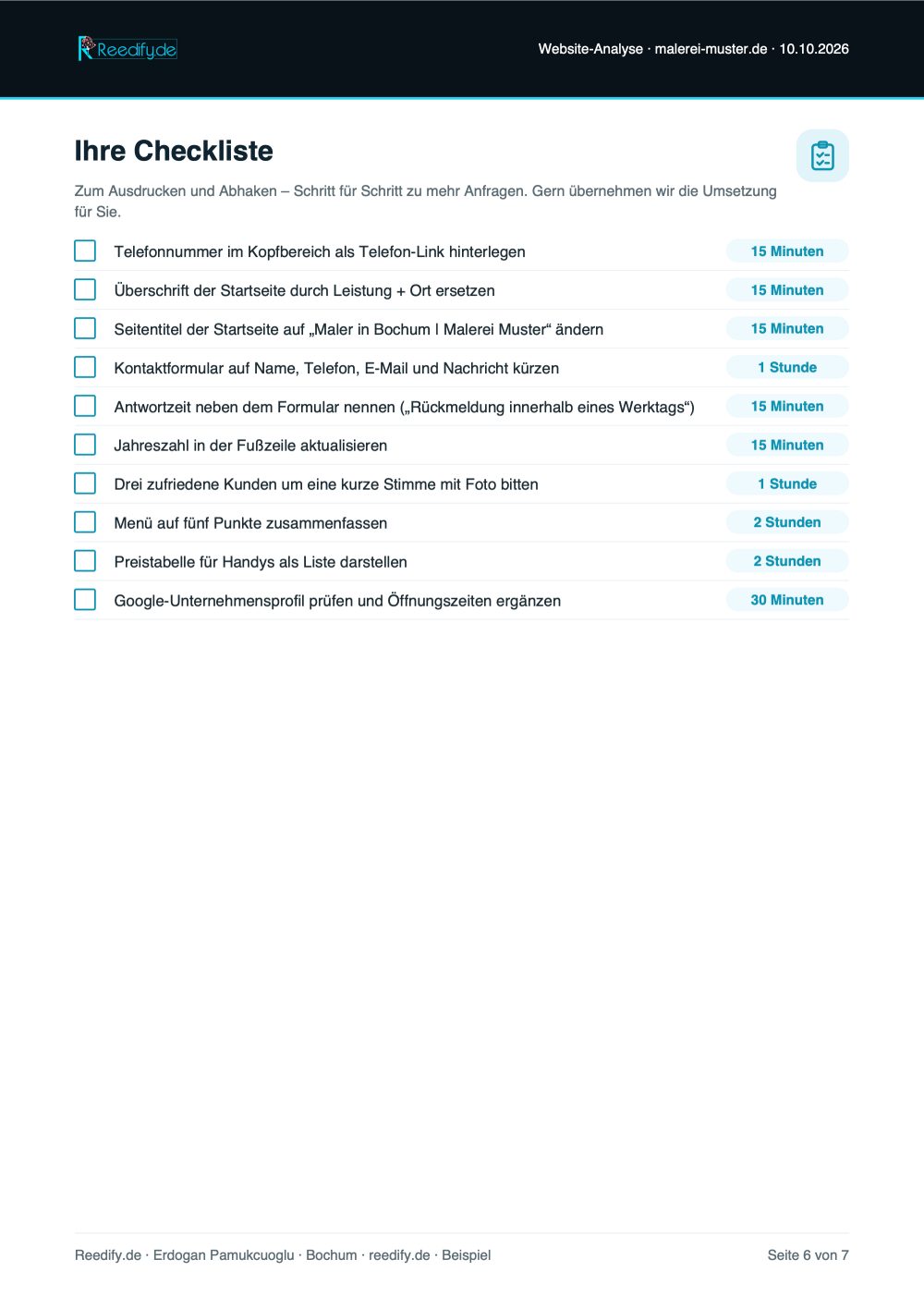 Beispiel-Analyse Seite 6 von 7: Checkliste zum Abhaken mit dem Zeitaufwand je Punkt