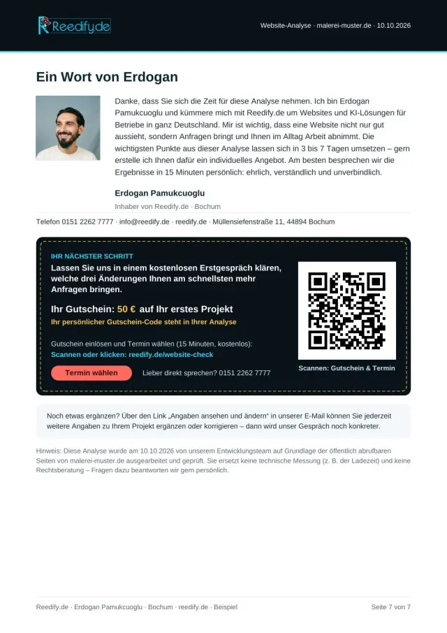 Beispiel-Analyse Seite 7 von 7: Persönliches Wort und Gutschein über 50 € mit Terminwahl