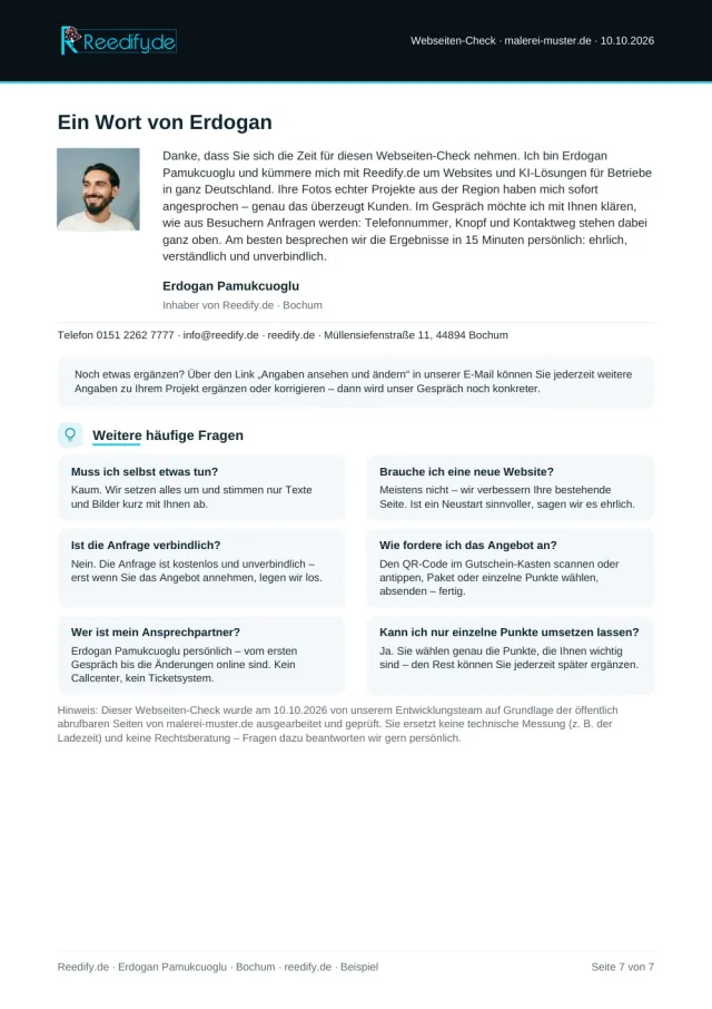 Beispiel-Webseiten-Check Seite 7 von 7: Persönliches Wort von Erdogan, Kontaktdaten und häufige Fragen
