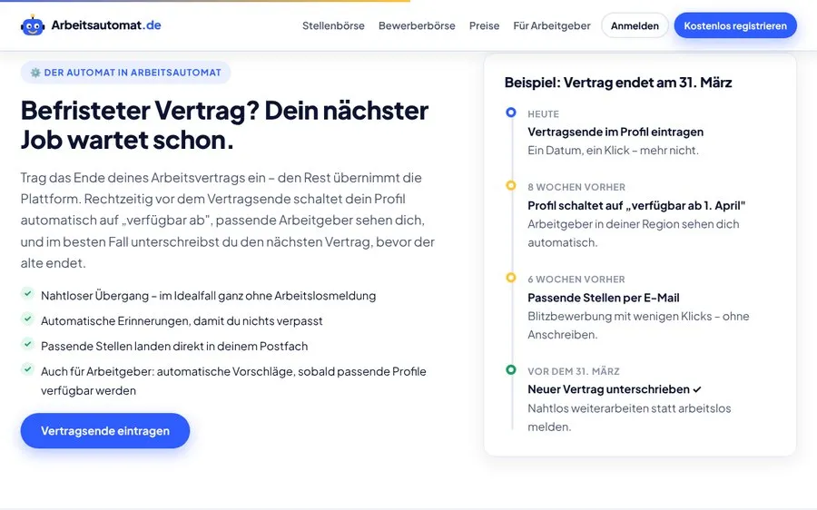 Ausschnitt von arbeitsautomat.de: Vertragsende eintragen, der nächste Job wartet schon