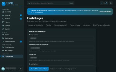 Einstellungen für Gesprächszeiten, Kontaktdaten und Animationen – ohne Programmierer (erfundene Beispieldaten)