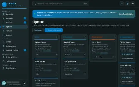 Pipeline im Adminbereich: Bewerbungen als Karten – Vorschau mit erfundenen Beispieldaten