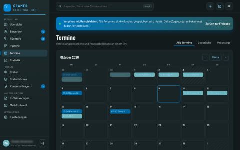 Terminkalender für Vorstellungsgespräche und Probearbeitstage mit Kontingent (erfundene Beispieldaten)