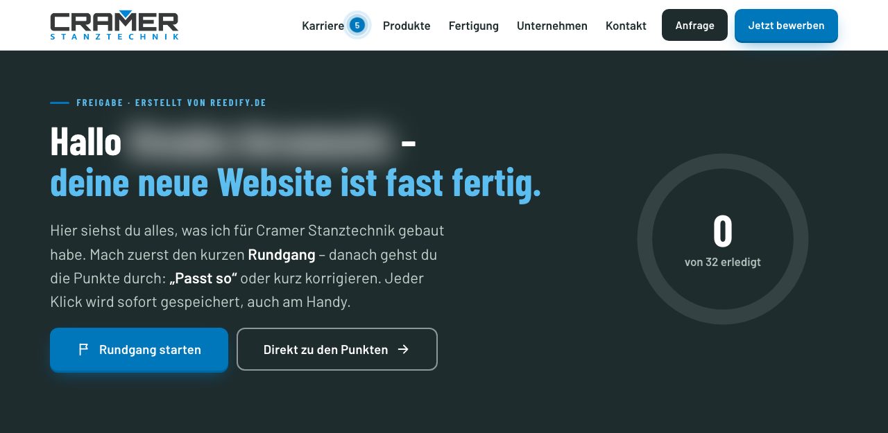 Kopf der Freigabeseite mit Fortschrittsring „0 von 32 erledigt“ (Name unkenntlich)