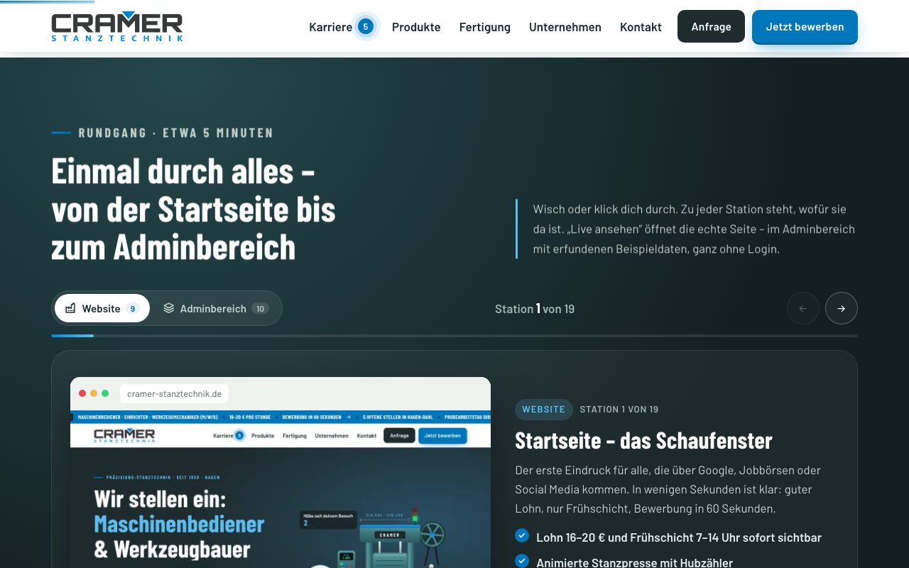 Rundgang der Freigabeseite: Station 1 von 19, Reiter Website und Adminbereich