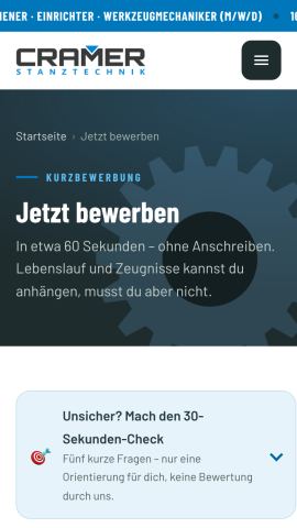 Kurzbewerbung von cramer-stanztechnik.de am Handy
