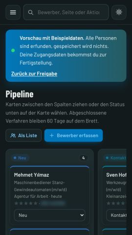 Pipeline des Adminbereichs am Handy – Vorschau mit erfundenen Beispieldaten