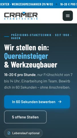 Startseite von cramer-stanztechnik.de am Handy mit Lohn und Frühschicht