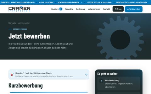 Kurzbewerbung in drei Schritten mit Eignungs-Check – ohne Anschreiben, Lebenslauf optional (ganze Seite)