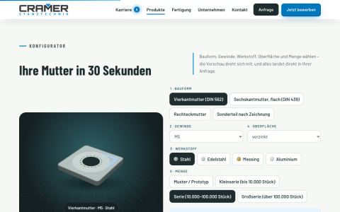 Muttern-Konfigurator mit 3D-Vorschau: Bauform, Gewinde, Werkstoff, Oberfläche und Menge wählen