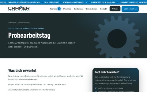 Seite zum Probearbeitstag: Bewerber buchen Vorstellungsgespräch und Probearbeitstag selbst