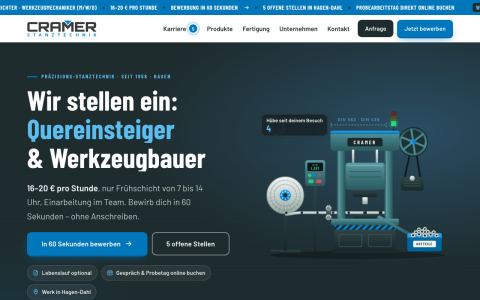 Startseite von cramer-stanztechnik.de mit Lohn 16–20 € pro Stunde, Frühschicht 7–14 Uhr und animierter Stanzpresse (ganze Seite)