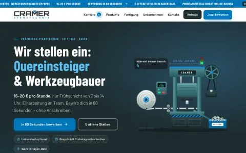 Startseite von cramer-stanztechnik.de mit Lohn 16–20 € pro Stunde und Frühschicht 7–14 Uhr