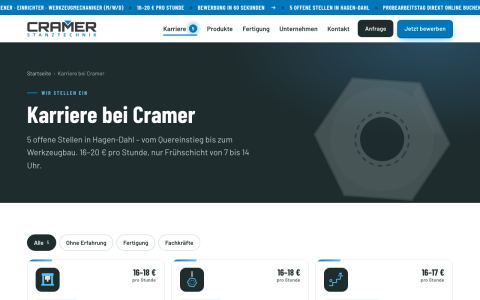 Übersicht der fünf Stellen mit Filtern für Quereinstieg, Fachkraft und Bereich