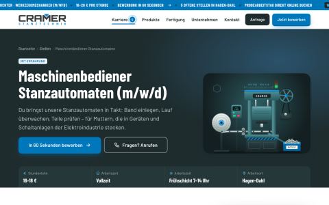 Stellenanzeige Maschinenbediener Stanzautomaten mit Lohn, Arbeitszeit, Aufgaben und Tagesablauf (ganze Seite)